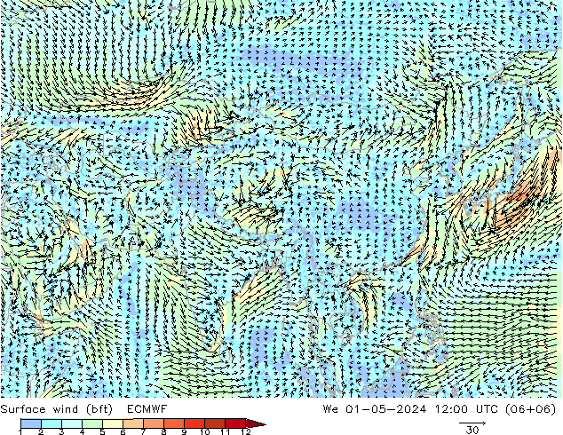 Surface wind (bft) ECMWF We 01.05.2024 12 UTC