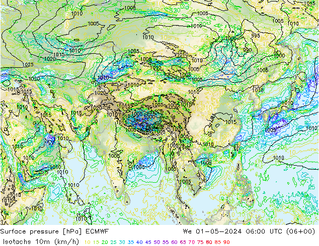 Isotachs (kph) ECMWF We 01.05.2024 06 UTC