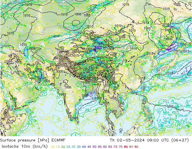 Isotachs (kph) ECMWF Th 02.05.2024 09 UTC