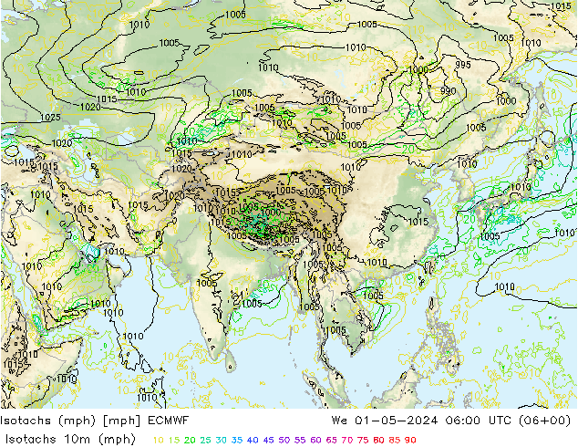 Isotachs (mph) ECMWF We 01.05.2024 06 UTC