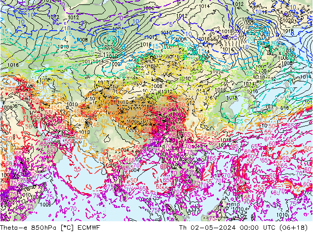 Theta-e 850hPa ECMWF Qui 02.05.2024 00 UTC