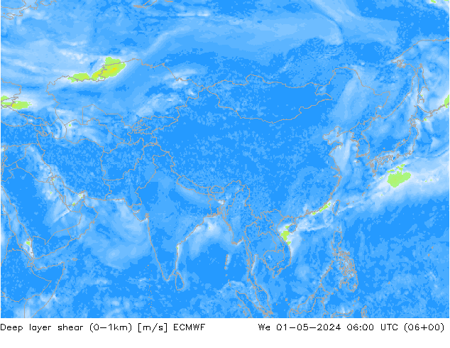 Deep layer shear (0-1km) ECMWF We 01.05.2024 06 UTC