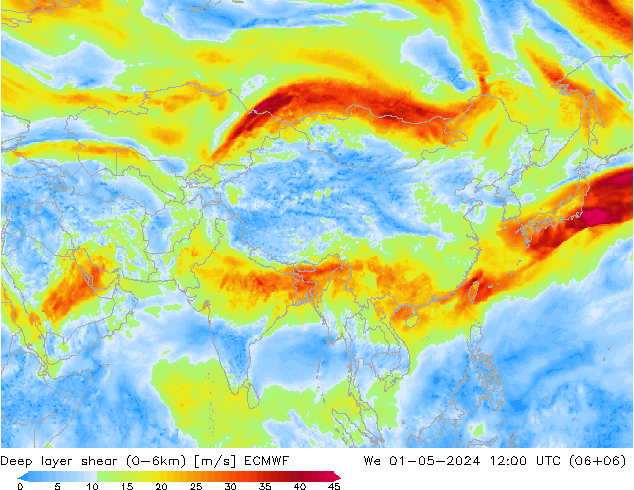 Deep layer shear (0-6km) ECMWF We 01.05.2024 12 UTC