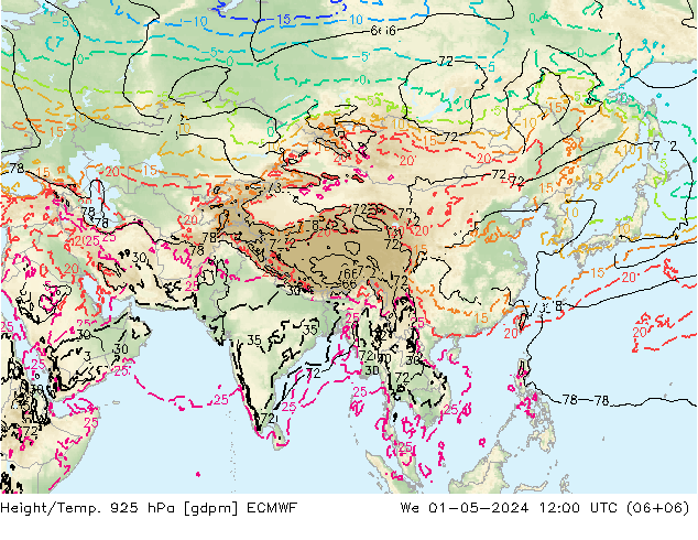 Height/Temp. 925 hPa ECMWF mer 01.05.2024 12 UTC