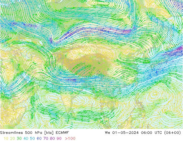 Streamlines 500 hPa ECMWF We 01.05.2024 06 UTC