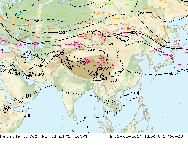 Height/Temp. 700 гПа ECMWF чт 02.05.2024 18 UTC