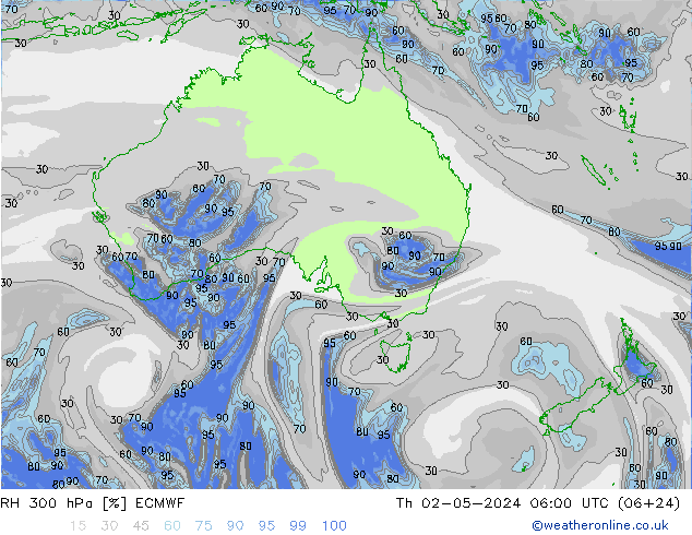 Humedad rel. 300hPa ECMWF jue 02.05.2024 06 UTC