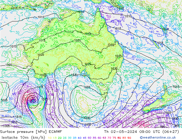 Isotachs (kph) ECMWF Qui 02.05.2024 09 UTC