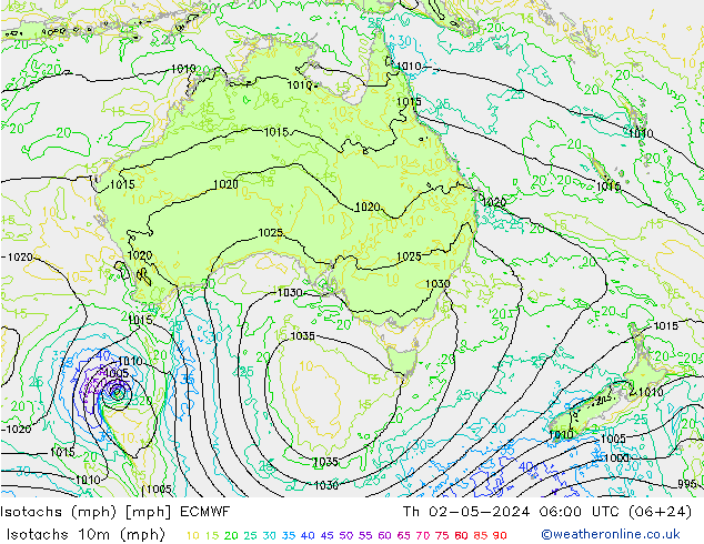 Isotaca (mph) ECMWF jue 02.05.2024 06 UTC