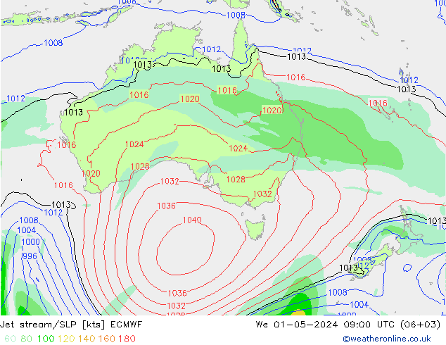 Jet stream ECMWF Qua 01.05.2024 09 UTC