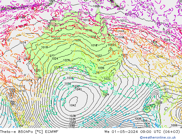 Theta-e 850hPa ECMWF Qua 01.05.2024 09 UTC