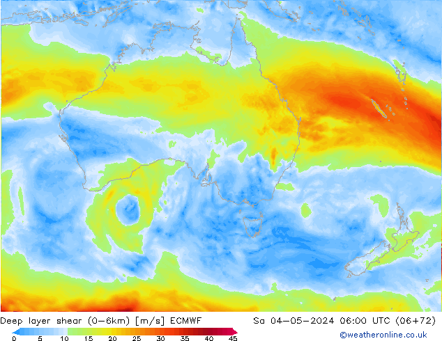 Deep layer shear (0-6km) ECMWF Sáb 04.05.2024 06 UTC