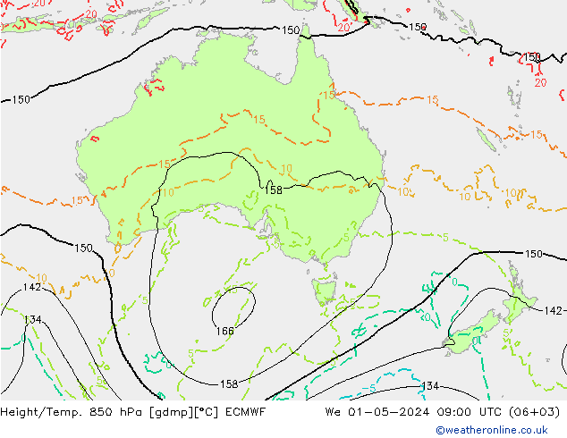 Height/Temp. 850 hPa ECMWF Mi 01.05.2024 09 UTC