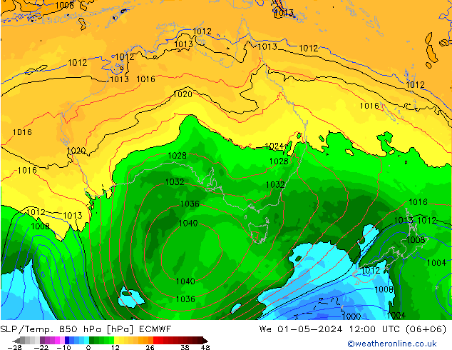 SLP/Temp. 850 hPa ECMWF mer 01.05.2024 12 UTC