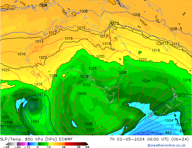 SLP/Temp. 850 hPa ECMWF jue 02.05.2024 06 UTC