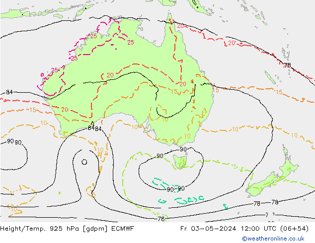 Hoogte/Temp. 925 hPa ECMWF vr 03.05.2024 12 UTC