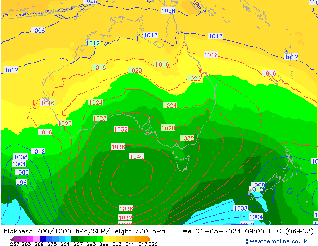 Schichtdicke 700-1000 hPa ECMWF Mi 01.05.2024 09 UTC