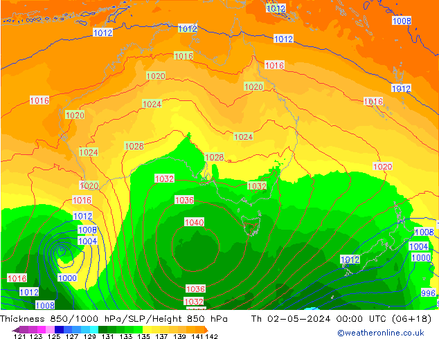 Espesor 850-1000 hPa ECMWF jue 02.05.2024 00 UTC