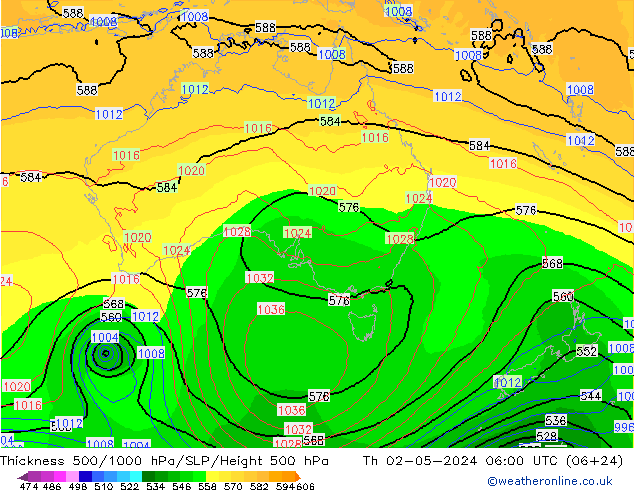 Espesor 500-1000 hPa ECMWF jue 02.05.2024 06 UTC