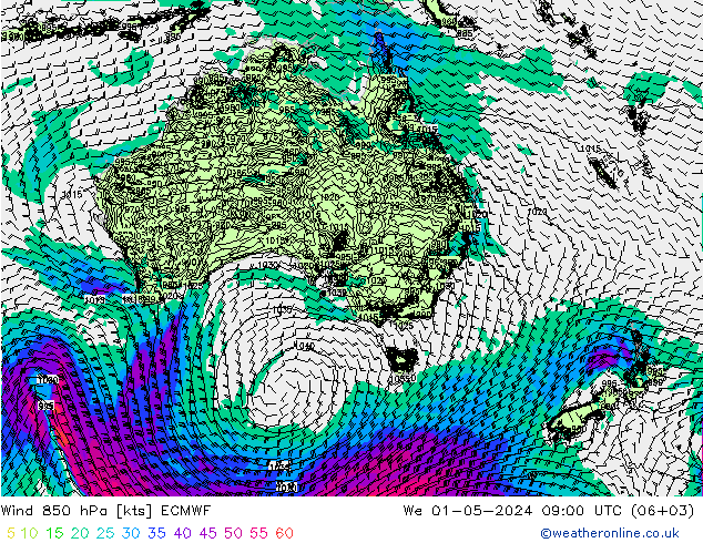 Viento 850 hPa ECMWF mié 01.05.2024 09 UTC