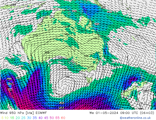 Vento 950 hPa ECMWF Qua 01.05.2024 09 UTC