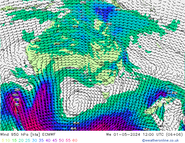 Prec 6h/Wind 10m/950 ECMWF St 01.05.2024 12 UTC