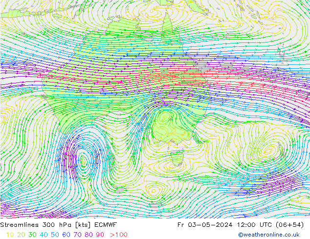 Linia prądu 300 hPa ECMWF pt. 03.05.2024 12 UTC