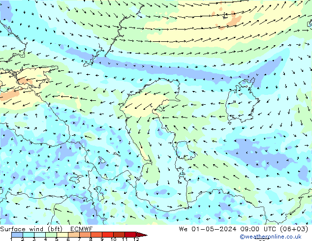 Rüzgar 10 m (bft) ECMWF Çar 01.05.2024 09 UTC