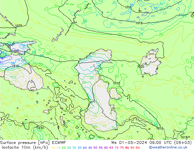 Isotachs (kph) ECMWF We 01.05.2024 09 UTC