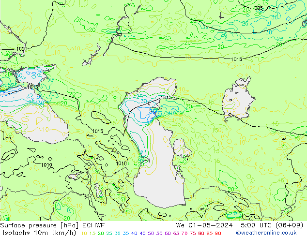 Isotachen (km/h) ECMWF Mi 01.05.2024 15 UTC