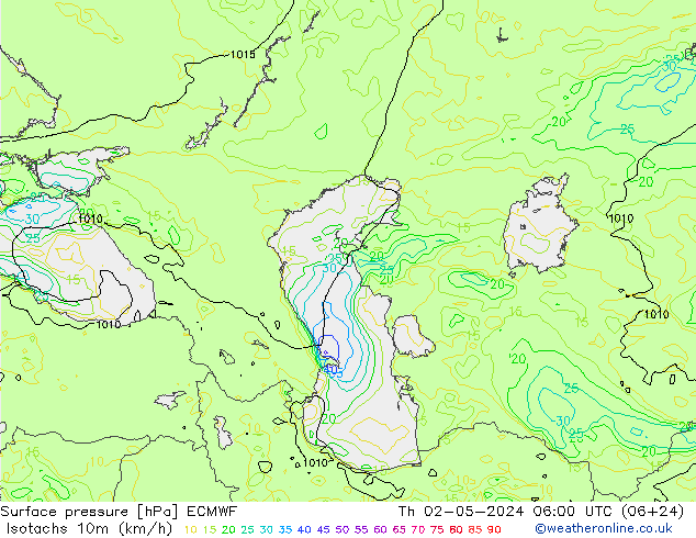 Isotachs (kph) ECMWF Čt 02.05.2024 06 UTC