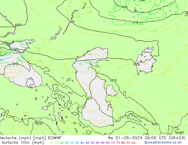 Isotachs (mph) ECMWF ср 01.05.2024 09 UTC