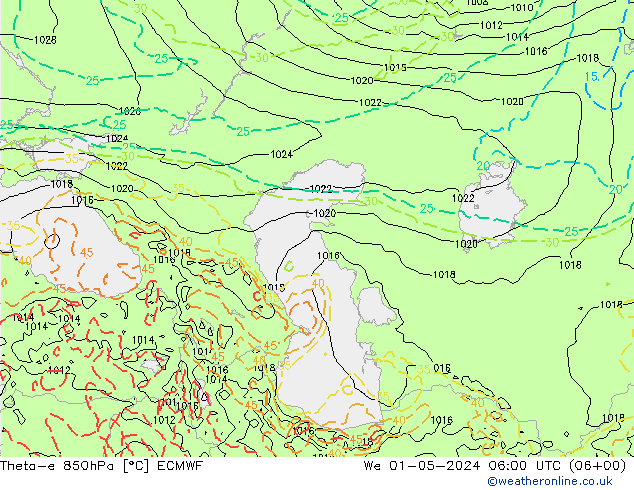 Theta-e 850hPa ECMWF St 01.05.2024 06 UTC