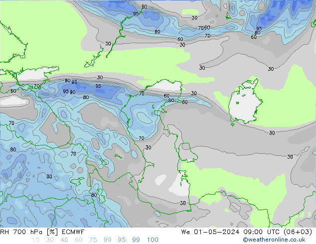 700 hPa Nispi Nem ECMWF Çar 01.05.2024 09 UTC