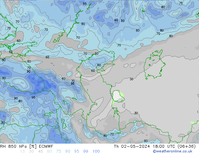 RH 850 hPa ECMWF Čt 02.05.2024 18 UTC