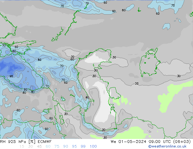 925 hPa Nispi Nem ECMWF Çar 01.05.2024 09 UTC