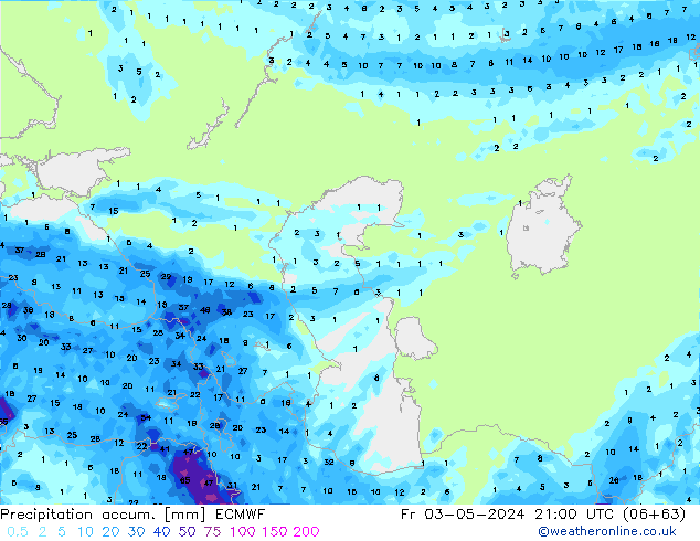 Precipitation accum. ECMWF ven 03.05.2024 21 UTC