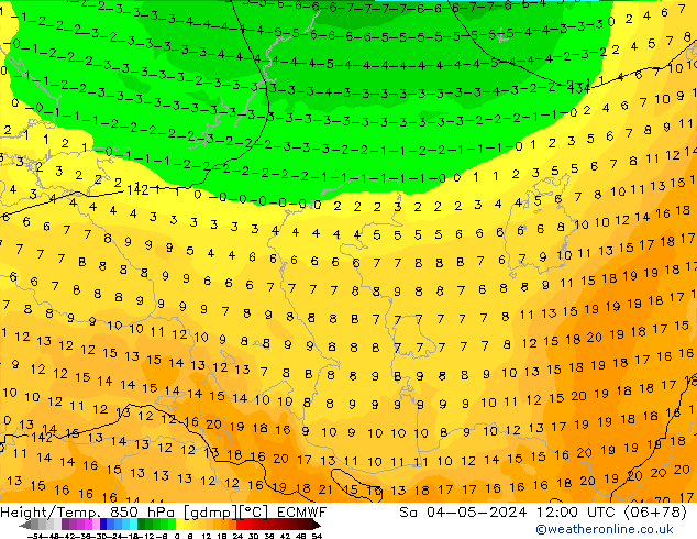 Geop./Temp. 850 hPa ECMWF sáb 04.05.2024 12 UTC