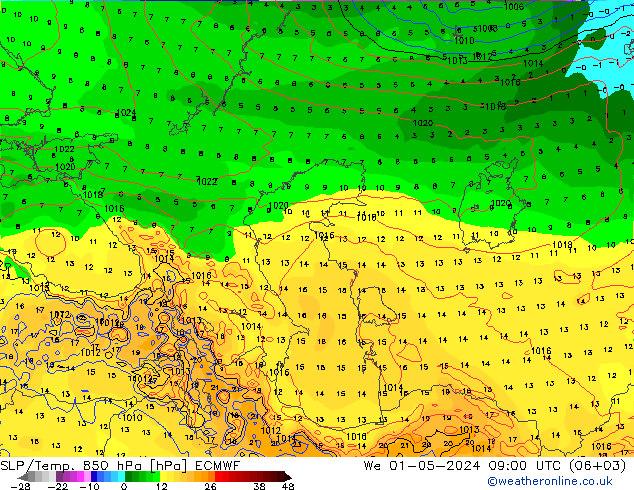 850 hPa Yer Bas./Sıc ECMWF Çar 01.05.2024 09 UTC