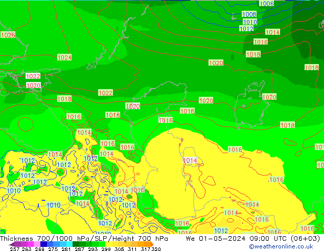 700-1000 hPa Kalınlığı ECMWF Çar 01.05.2024 09 UTC