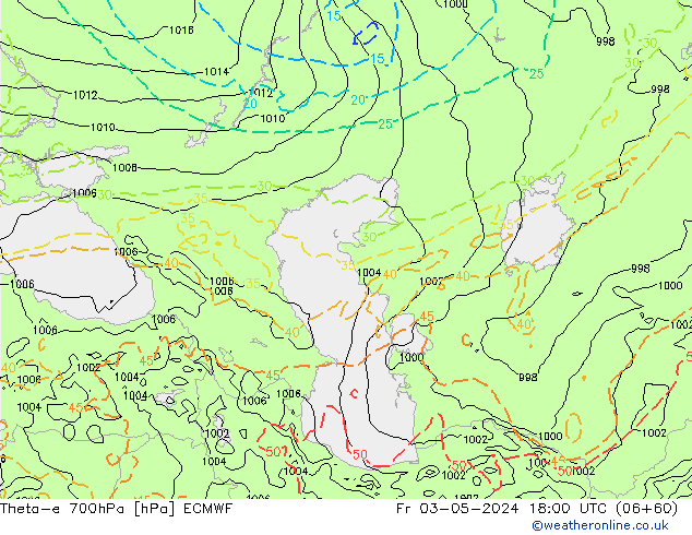 Theta-e 700hPa ECMWF ven 03.05.2024 18 UTC