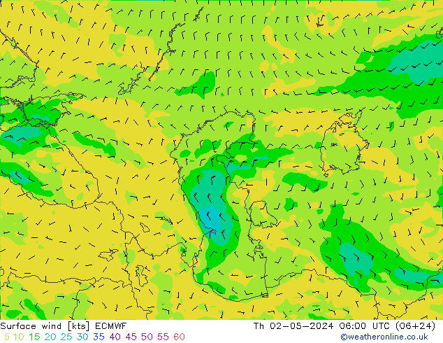 Vento 10 m ECMWF Qui 02.05.2024 06 UTC