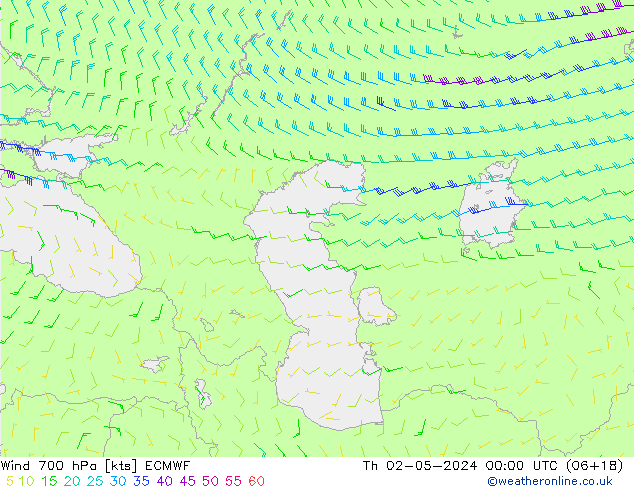 wiatr 700 hPa ECMWF czw. 02.05.2024 00 UTC