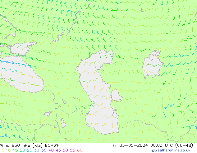 Wind 850 hPa ECMWF Pá 03.05.2024 06 UTC