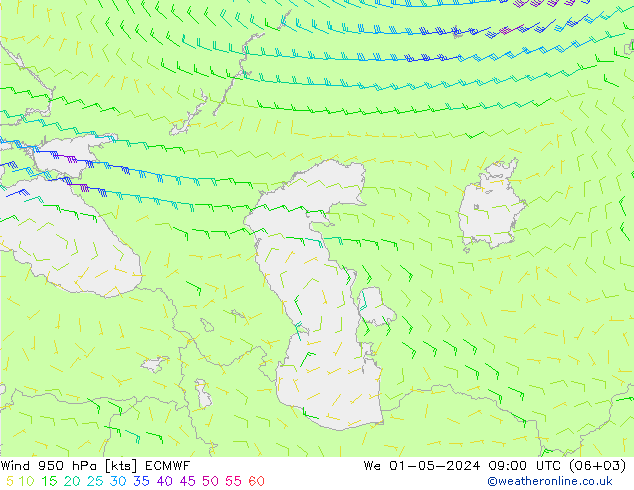 Rüzgar 950 hPa ECMWF Çar 01.05.2024 09 UTC