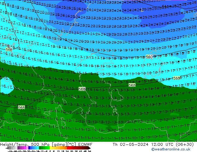 Z500/Rain (+SLP)/Z850 ECMWF czw. 02.05.2024 12 UTC