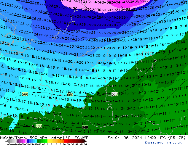 Z500/Rain (+SLP)/Z850 ECMWF сб 04.05.2024 12 UTC