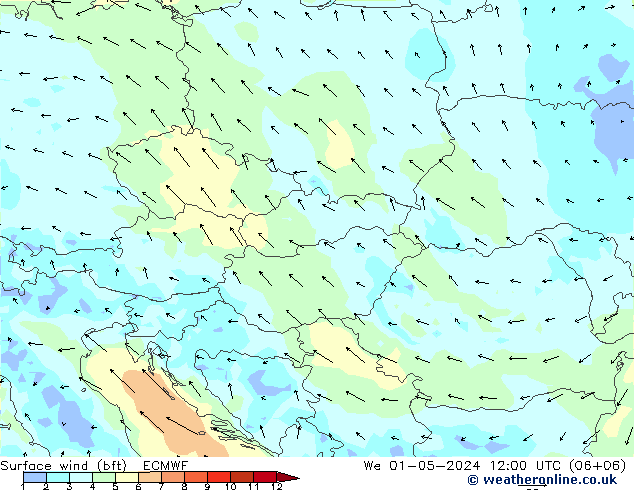 Vento 10 m (bft) ECMWF Qua 01.05.2024 12 UTC