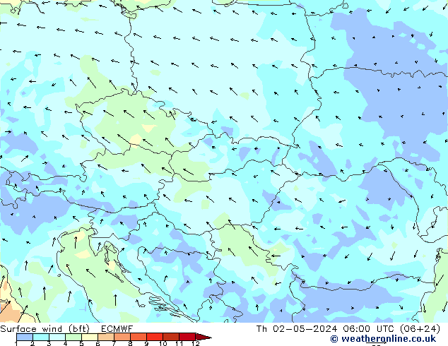 Surface wind (bft) ECMWF Čt 02.05.2024 06 UTC