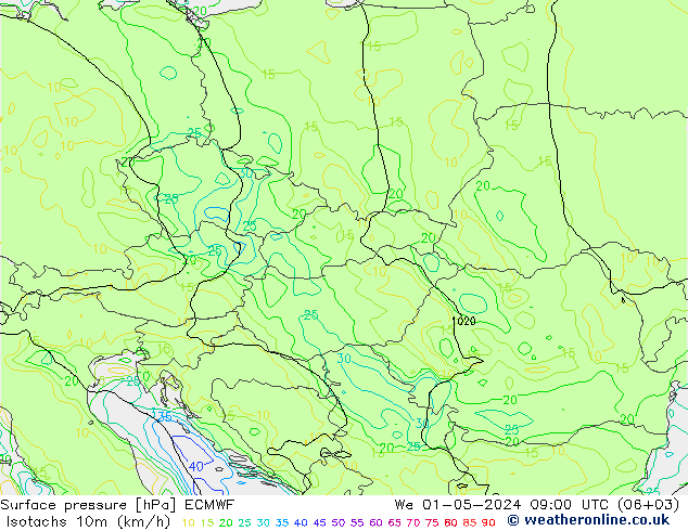 Isotachen (km/h) ECMWF wo 01.05.2024 09 UTC